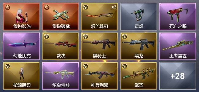 穿越火线（CF）1传说角色 1传说武器 2王者武器 1炫金武器 36V武器 1V角色 8皮肤 可排位 新锐