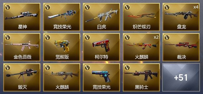 穿越火线（CF）1传说武器 3王者武器 1炫金武器 73V武器 2V角色 29皮肤 可排位