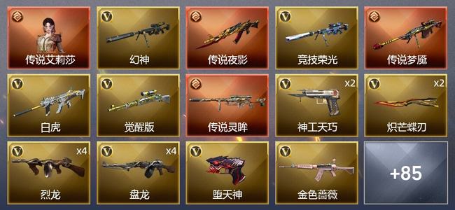 穿越火线（CF）1传说角色 3传说武器 3王者武器 2炫金武器 124V武器 5V角色 27皮肤 可排位 传奇