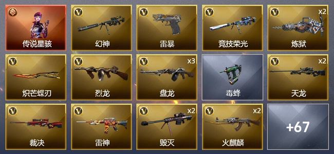 穿越火线（CF）1传说角色 1传说武器 2王者武器 2炫金武器 76V武器 3V角色 22皮肤 可排位 新锐