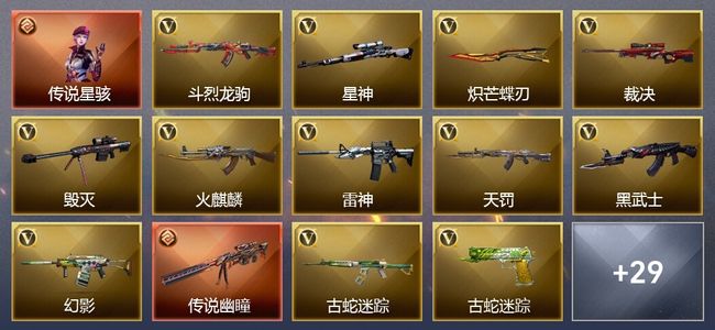 穿越火线（CF）1传说角色 1传说武器 1王者武器 38V武器 3V角色 13皮肤 可排位 枪王