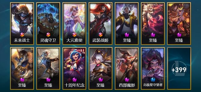 英雄联盟（LOL）4终极 8神话 9臻彩 86限定 50传说 55史诗 412皮肤 46炫彩 130英雄