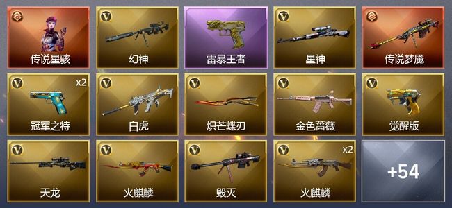 穿越火线（CF）1传说角色 1传说武器 6王者武器 2炫金武器 65V武器 2V角色 18皮肤 可排位 新锐