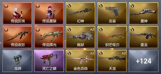 穿越火线（CF）2传说角色 4传说武器 9王者武器 1炫金武器 105V武器 19V角色 56皮肤 可排位 新锐