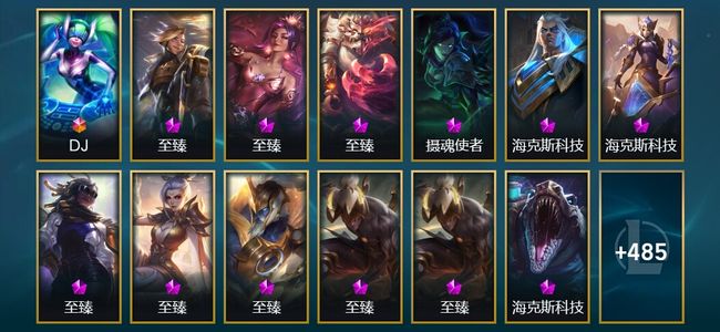 英雄联盟（LOL）1终极 23神话 14臻彩 88限定 53传说 498皮肤 146炫彩 172英雄 钻石