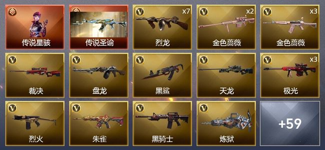 穿越火线（CF）1传说角色 1传说武器 9王者武器 4炫金武器 77V武器 3V角色 27皮肤 可排位 新锐