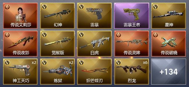 穿越火线（CF）1传说角色 3传说武器 6王者武器 5炫金武器 124V武器 9V角色 22皮肤 可排位 新锐