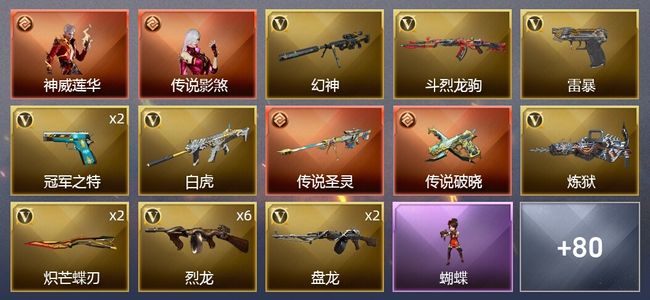 穿越火线（CF）2传说角色 2传说武器 5王者武器 5炫金武器 101V武器 6V角色 44皮肤 可排位
