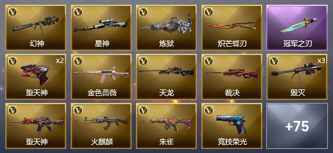 穿越火线（CF）1传说武器 2王者武器 1炫金武器 103V武器 3V角色 36皮肤 不可排位 新锐