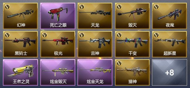 穿越火线（CF）1王者武器 2炫金武器 85V武器 2V角色 13皮肤 可排位