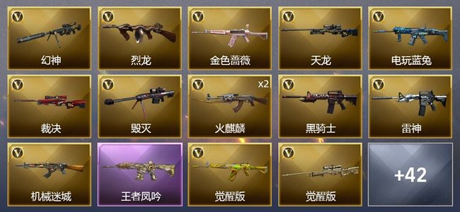 穿越火线（CF）1王者武器 1炫金武器 42V武器 2V角色 20皮肤 可排位
