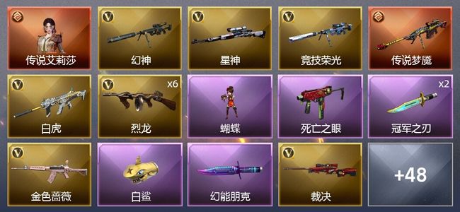 穿越火线（CF）1传说角色 1传说武器 2王者武器 3炫金武器 50V武器 4V角色 22皮肤 可排位