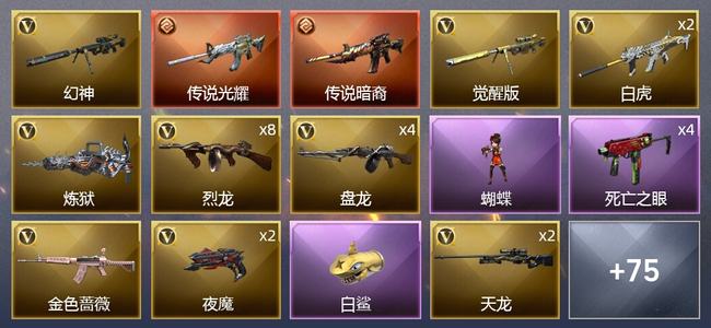 穿越火线（CF）0传说角色 2传说武器 1王者武器 2炫金武器 114V武器 7V角色 27皮肤 无