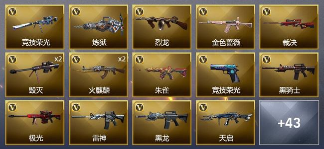 穿越火线（CF）0传说角色 0传说武器 1王者武器 1炫金武器 75V武器 6V角色 19皮肤 枪王