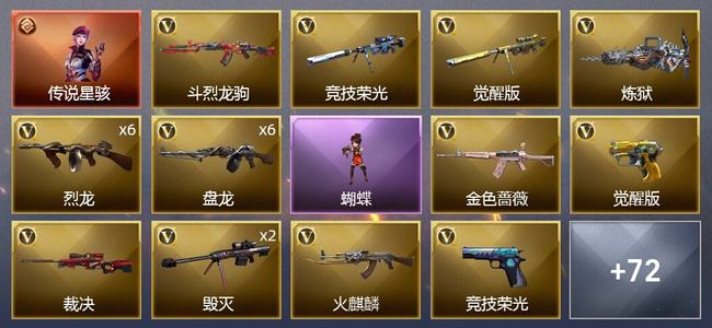 穿越火线（CF）1传说角色 1传说武器 1王者武器 2炫金武器 79V武器 7V角色 21皮肤 枪王