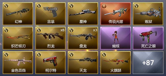 穿越火线（CF）0传说角色 2传说武器 1王者武器 5炫金武器 103V武器 5V角色 25皮肤 新锐
