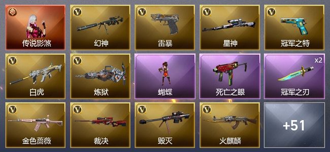 穿越火线（CF）1传说角色 2王者武器 3炫金武器 78V武器 3V角色 26皮肤 可排位 专家