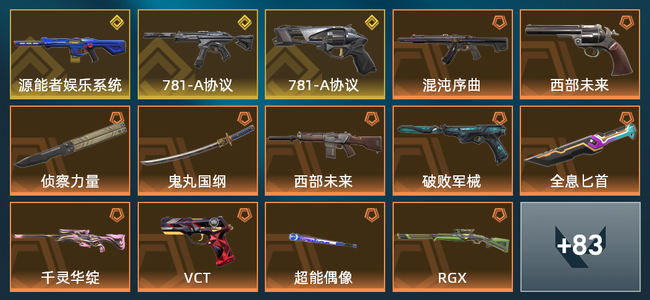 无畏契约18橙皮 1金皮 7紫皮 1皮肤 1皮肤总价值 1已用源晶