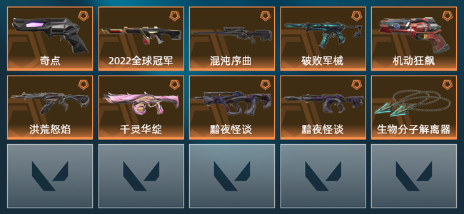 无畏契约6橙皮 1金皮 1紫皮 1皮肤 1皮肤总价值 1已用源晶