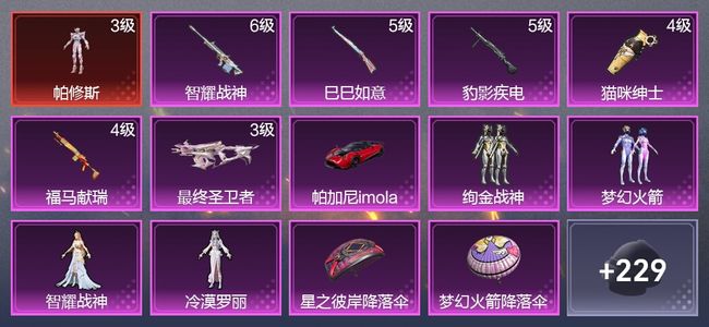 和平精英1载具 6升级枪 4粉装 4尾迹 132枪皮 101套装 44329热力 7印记 皇冠