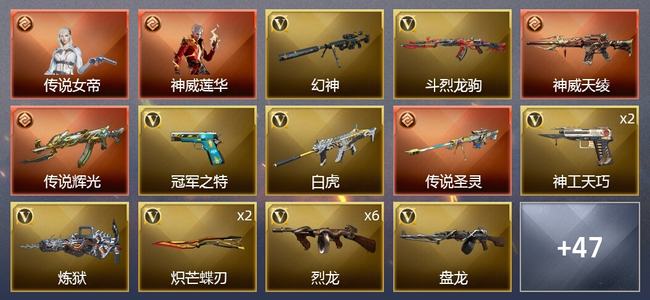 穿越火线（CF）2传说角色 3传说武器 9王者武器 1炫金武器 59V武器 4V角色 17皮肤 可排位 新锐