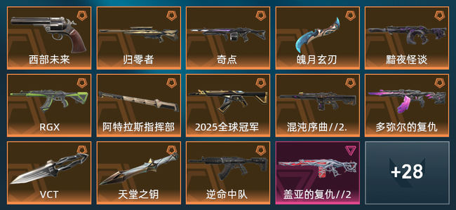 无畏契约0金皮 13橙皮 3紫皮 43皮肤 25730皮肤总价值 730已用源晶 无