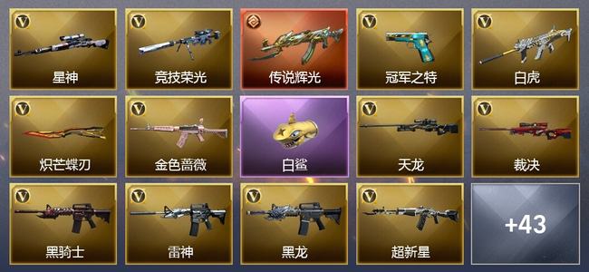穿越火线（CF）1传说武器 3王者武器 1炫金武器 57V武器 3V角色 16皮肤 可排位 传奇