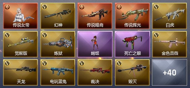 穿越火线（CF）1传说角色 2传说武器 4王者武器 3炫金武器 39V武器 2V角色 16皮肤 可排位 新锐