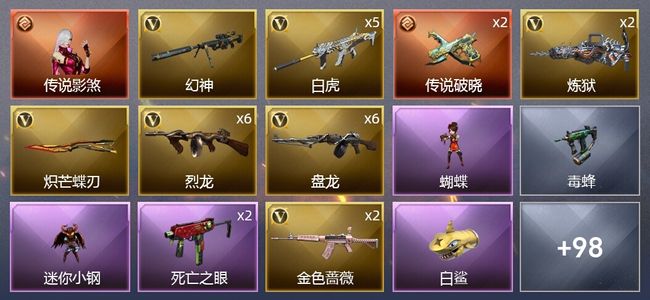 穿越火线（CF）1传说角色 1传说武器 1王者武器 1炫金武器 108V武器 10V角色 28皮肤 可排位 新锐