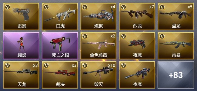 穿越火线（CF）11王者武器 8炫金武器 189V武器 5V角色 30皮肤 可排位 新锐