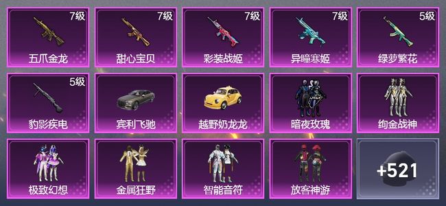 和平精英2载具 6升级枪 13粉装 1飞行器 308枪皮 242套装 99955热力 15印记 星钻