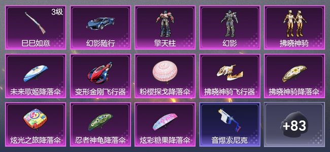 和平精英1载具 1升级枪 3粉装 2尾迹 64枪皮 33套装 21972热力 1印记 星钻