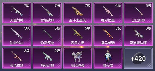 和平精英1载具 12升级枪 6粉装 7尾迹 240枪皮 191套装 76983热力 16印记 星钻