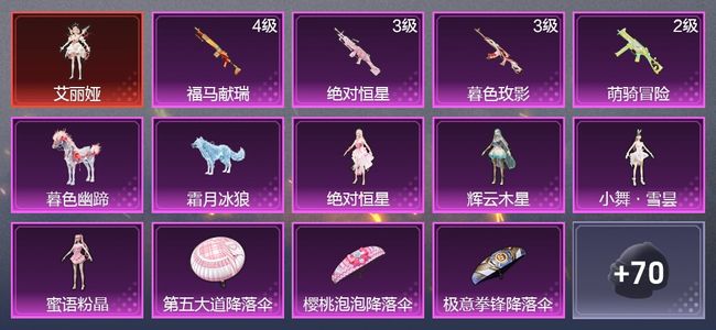 和平精英2载具 4升级枪 4粉装 2尾迹 43枪皮 32套装 1,7915热力 2印记 王牌