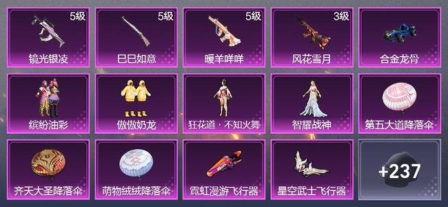 和平精英1载具 4升级枪 4粉装 4尾迹 141枪皮 106套装 4,2438热力 7印记