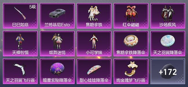 和平精英1载具 1升级枪 6粉装 3尾迹 105枪皮 84套装 33108热力 3印记