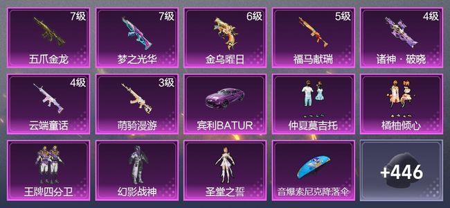 和平精英1载具 7升级枪 5粉装 3尾迹 270枪皮 200套装 84127热力 15印记 王牌