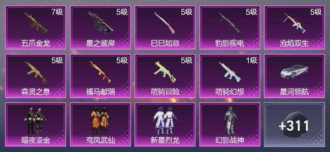 和平精英1载具 9升级枪 5粉装 1尾迹 191枪皮 137套装 56016热力 13印记 星钻