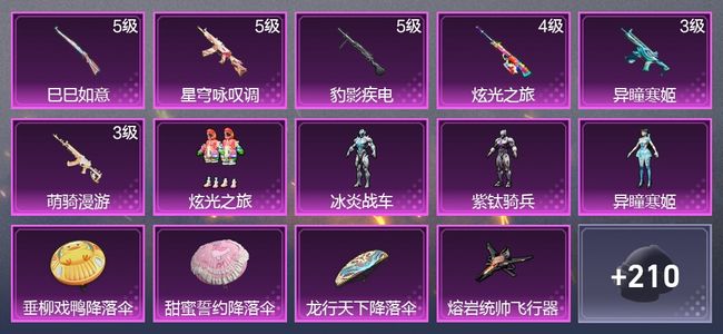 和平精英6升级枪 4粉装 1尾迹 139枪皮 94套装 3,8030热力 4印记 黄金