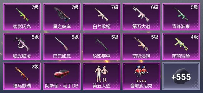 和平精英1载具 11升级枪 12粉装 4尾迹 320枪皮 249套装 10,6409热力 17印记