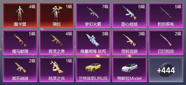 和平精英5载具 10升级枪 20粉装 14尾迹 238枪皮 204套装 9,2522热力 14印记