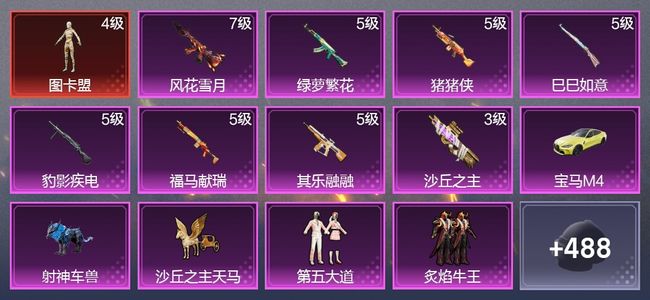 和平精英2载具 8升级枪 10粉装 8尾迹 274枪皮 225套装 94789热力 17印记