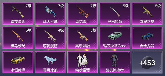 和平精英4载具 8升级枪 8粉装 2尾迹 263枪皮 212套装 85546热力 6印记 皇冠