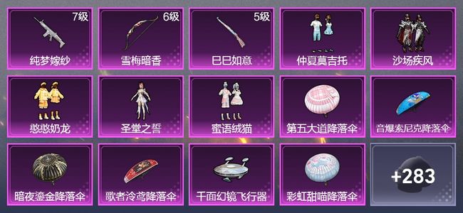 和平精英3升级枪 5粉装 1飞行器 157枪皮 129套装 50355热力 10印记
