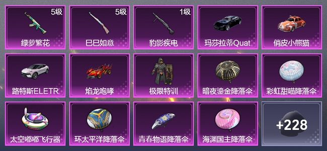 和平精英4载具 3升级枪 1粉装 1飞行器 107枪皮 125套装 42350热力 4印记 黄金