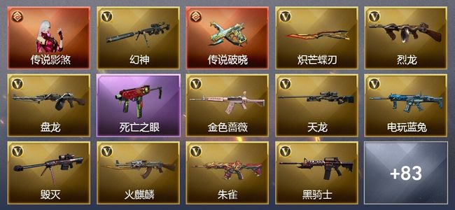 穿越火线（CF）1传说角色 1传说武器 20王者武器 6炫金武器 74V武器 27V角色 18皮肤 可排位