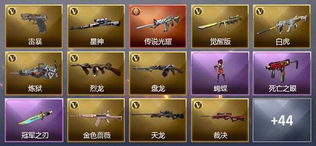 穿越火线（CF）1传说武器 9王者武器 2炫金武器 70V武器 23V角色 26皮肤 可排位