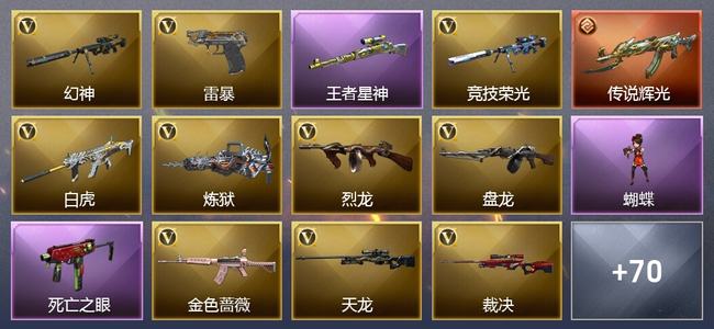 穿越火线（CF）0传说角色 1传说武器 3王者武器 4炫金武器 82V武器 37V角色 23皮肤 可排位 荣耀之巅