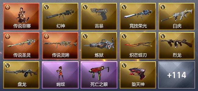 穿越火线（CF）1传说角色 5传说武器 1王者武器 4炫金武器 192V武器 38V角色 28皮肤 可排位 枪王