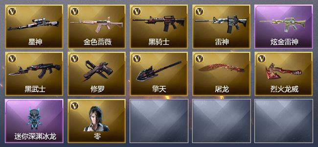 穿越火线（CF）0传说角色 0传说武器 0王者武器 1炫金武器 10V武器 6V角色 1皮肤 可排位 新锐